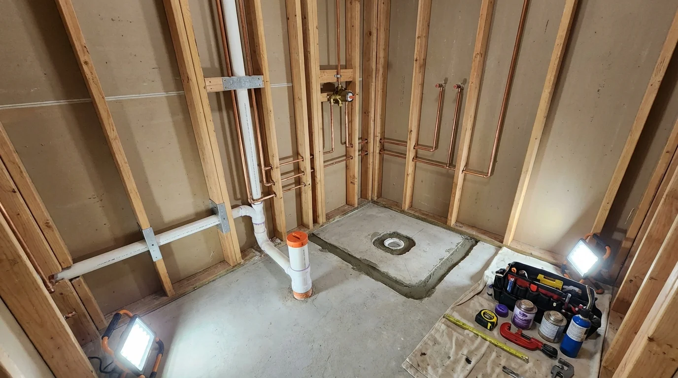 Bathroom rough-in plumbing during remodel by Johns Plumbing LLC in Stanford