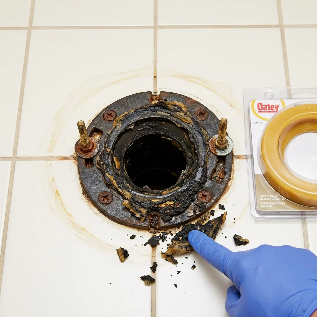 Failed wax ring showing water seepage at the base of a toilet in a Stanford, CA home