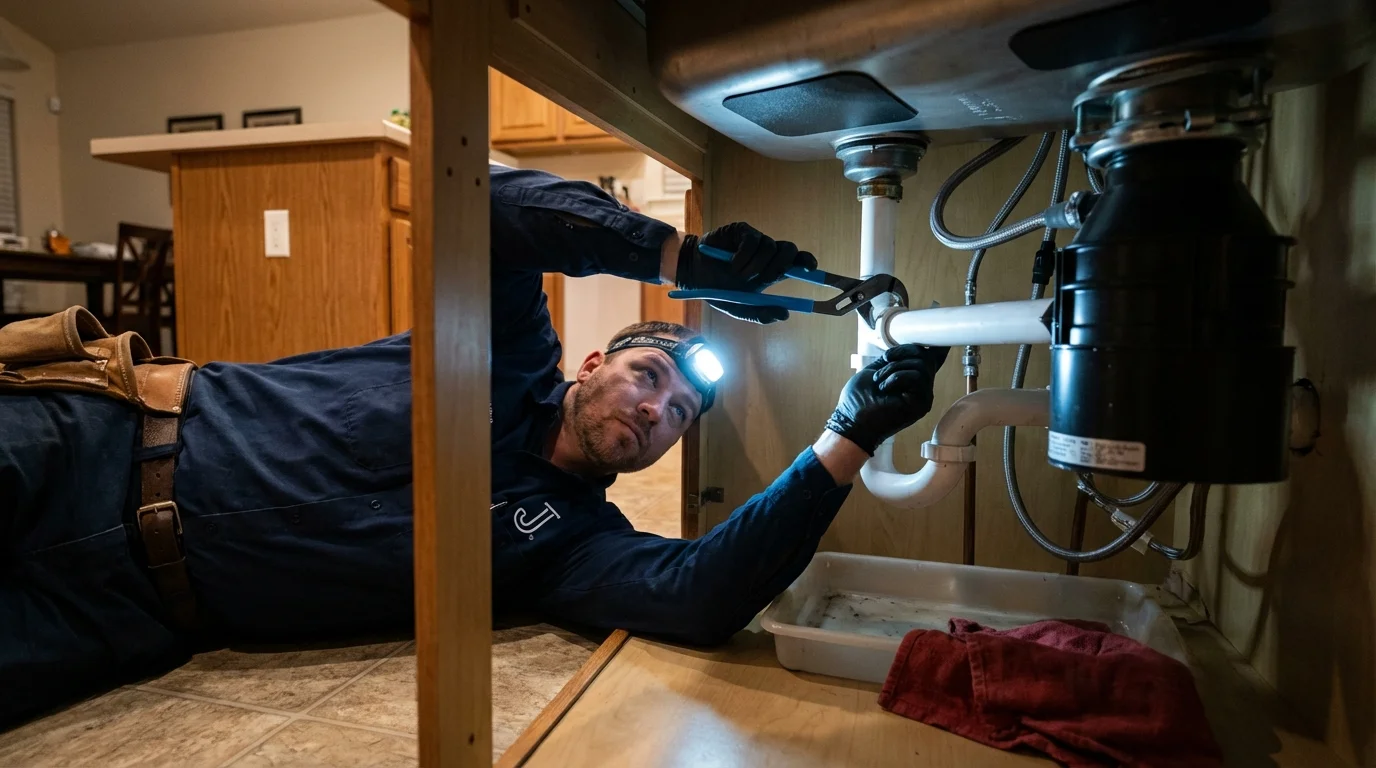 P-trap and supply line connections under a kitchen sink showing a common leak point in Stanford, CA